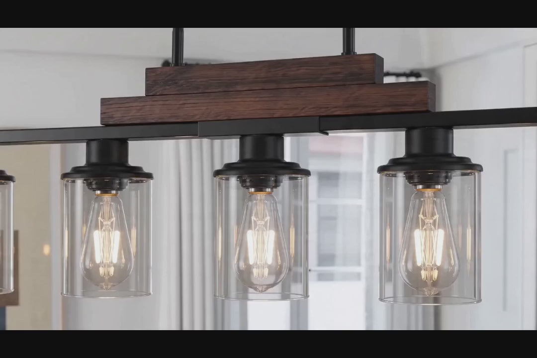 VEYRA 5-Light 37.4-inch Width Modern Industrial Linear Chandelier, Iron Walnut Kitchen Island Light Fixture for Kitchen Island, Dining Room